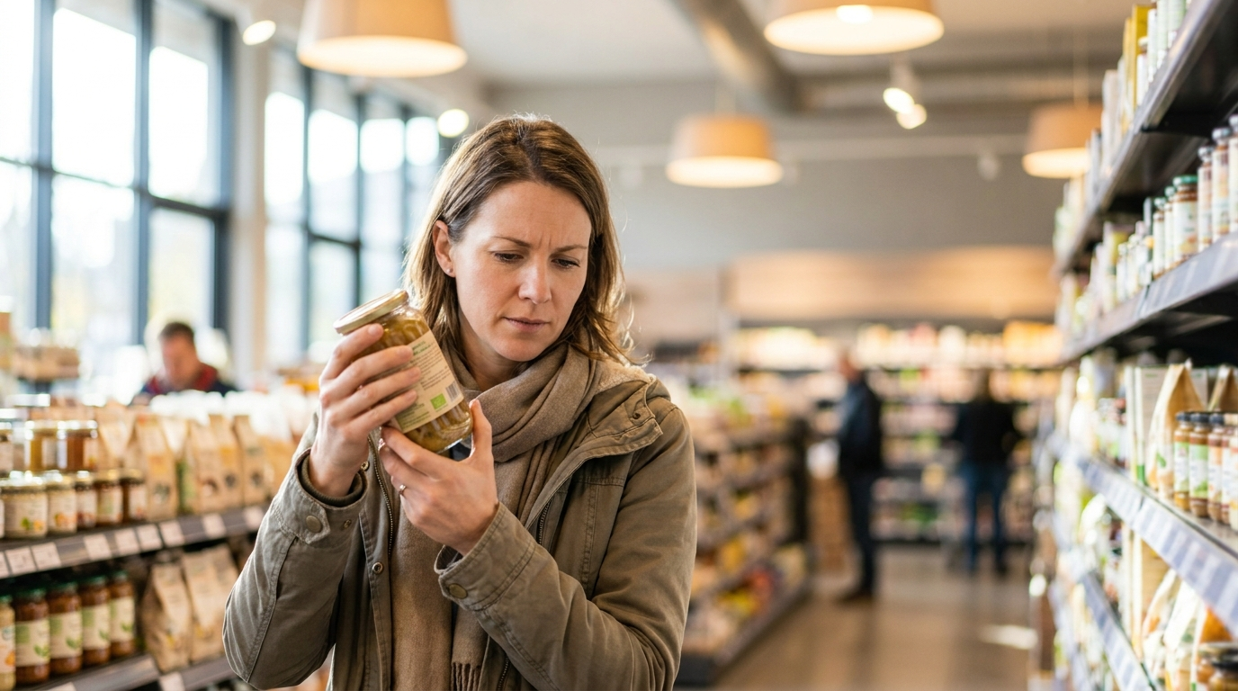 Reading nutrition labels in grocery store