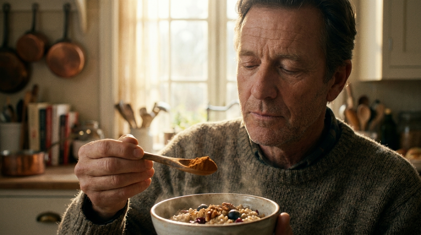 middle-aged man holding cinnamon spoon over oatmeal in warm kitchen