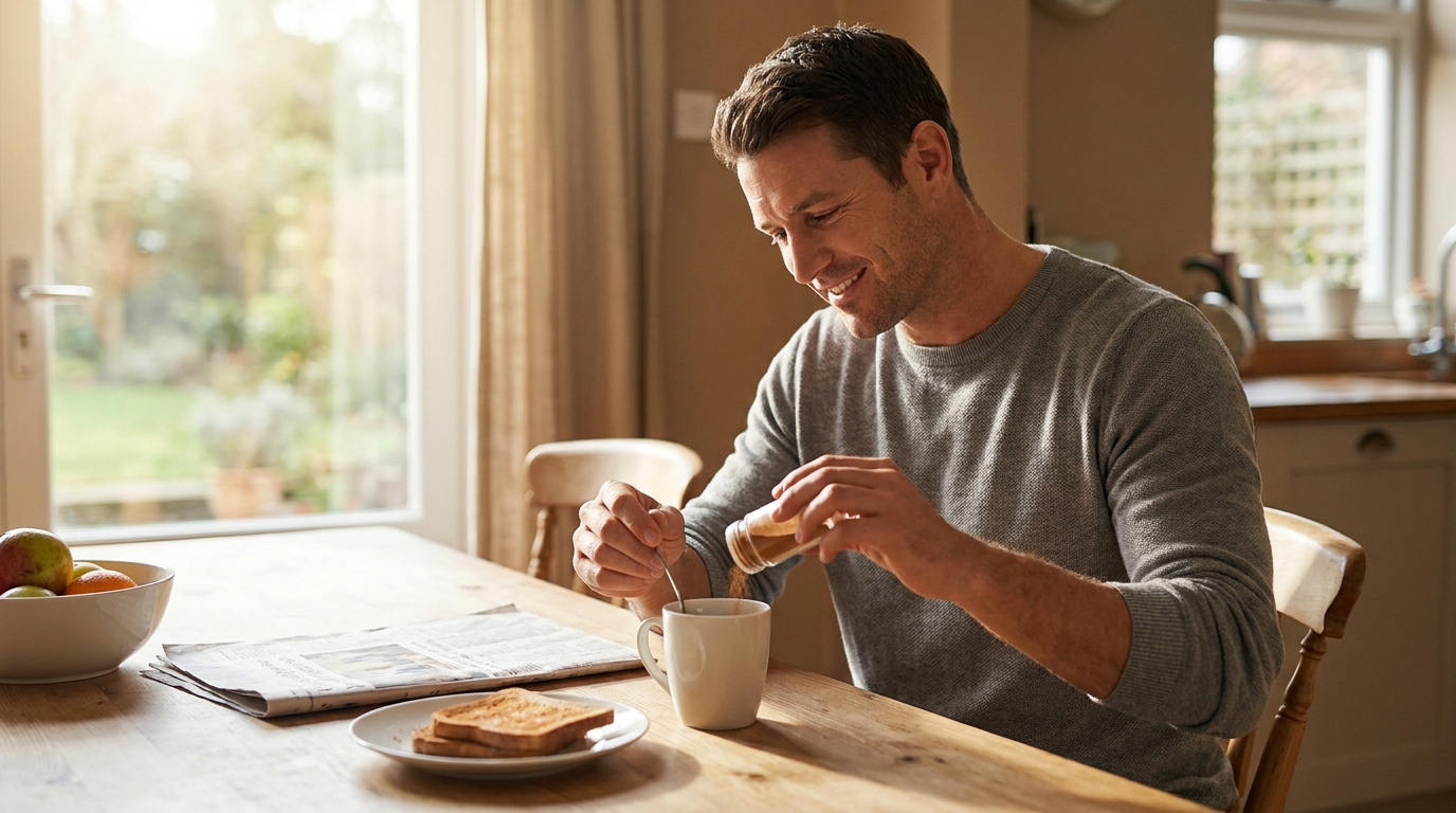 man stirring cinnamon into coffee mug at bright breakfast table