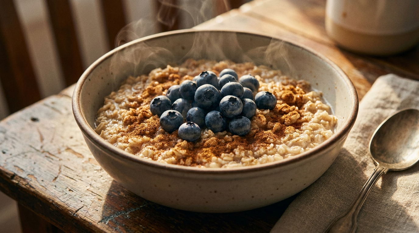bowl of oatmeal topped with cinnamon and blueberries on rustic wooden table